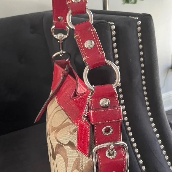 Coach saddle bag brown signature canvas; red leather trim - Picture 2 of 6